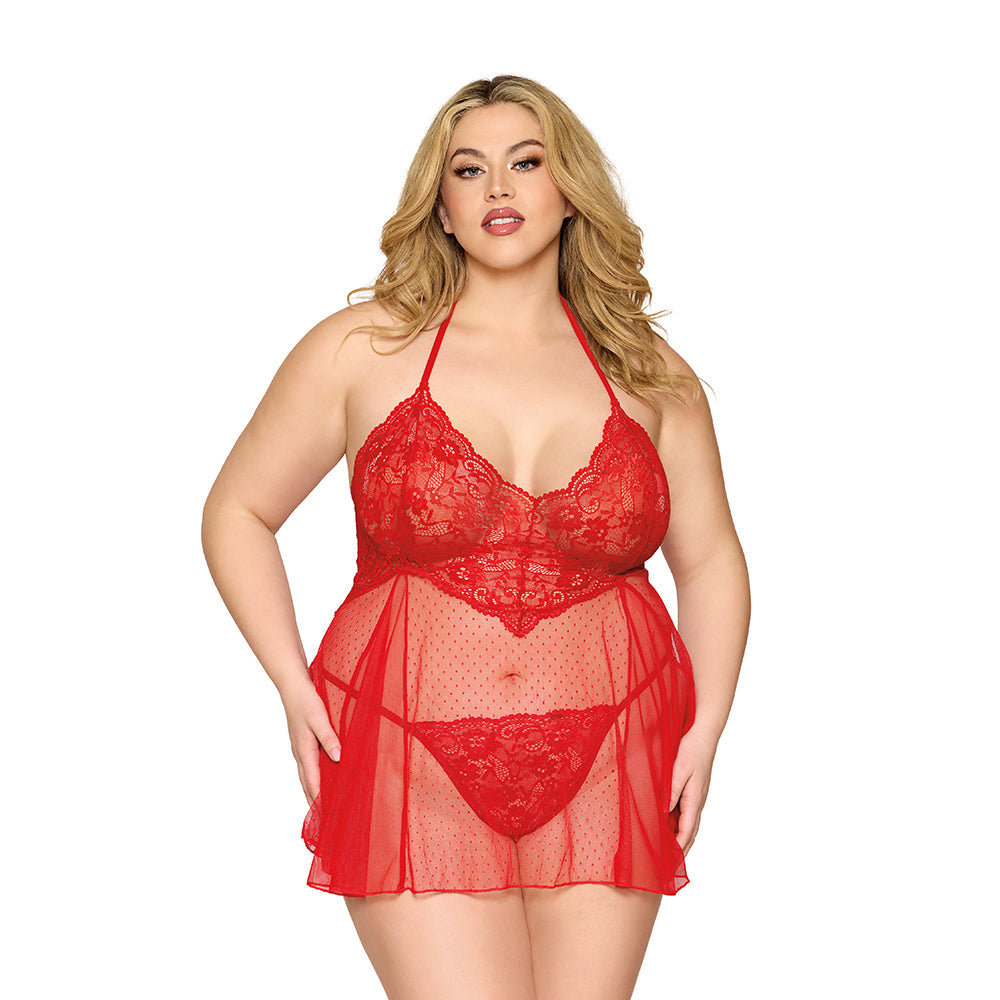 Dreamgirl Lace Babydoll and G-String Red Queen Size - Red Garter