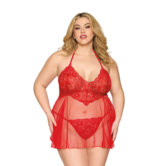 Dreamgirl Lace Babydoll and G-String Red Queen Size - Red Garter