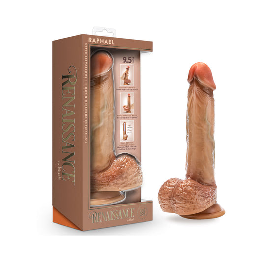 Renaissance Raphael Sliding Foreskin Dildo with Squeezable Balls 9.5 in. Tan - Red Garter