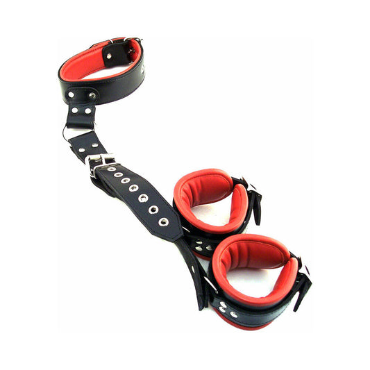 Rouge Leather Neck to Wrist Restraint Black/Red - Red Garter
