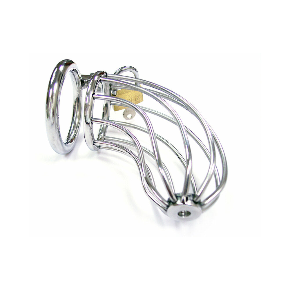 Rouge Stainless Cock Cage with Padlock Clamshell - Red Garter