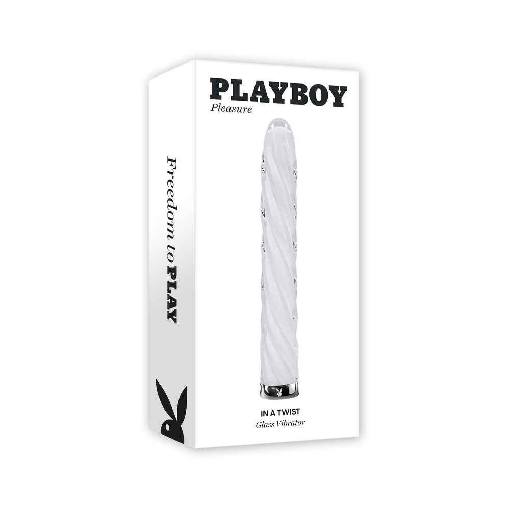 Playboy In A Twist Rechargeable Glass Vibrator White - Red Garter