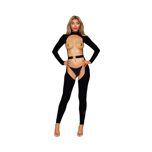 Dreamgirl Open Front and Back Bodystocking with Belt Black O/S - Red Garter
