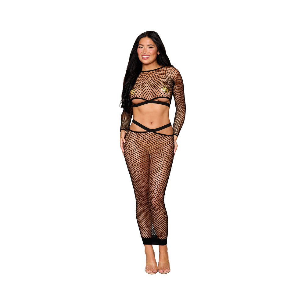 Dreamgirl Fence Net Long Sleeve Bralette and Maxi Skirt Set Black O/S - Red Garter