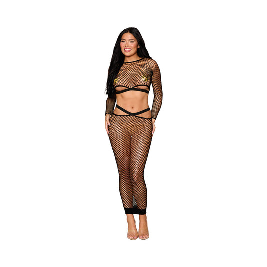 Dreamgirl Fence Net Long Sleeve Bralette and Maxi Skirt Set Black O/S - Red Garter