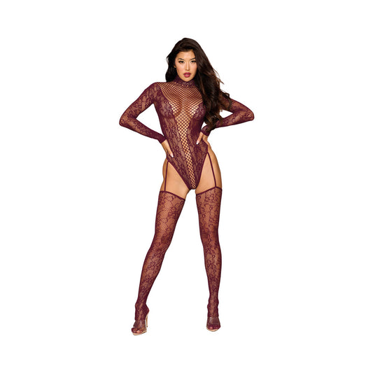 Dreamgirl Lace Teddy Bodystocking with Attached Stockings Cherry Lacquer O/S - Red Garter