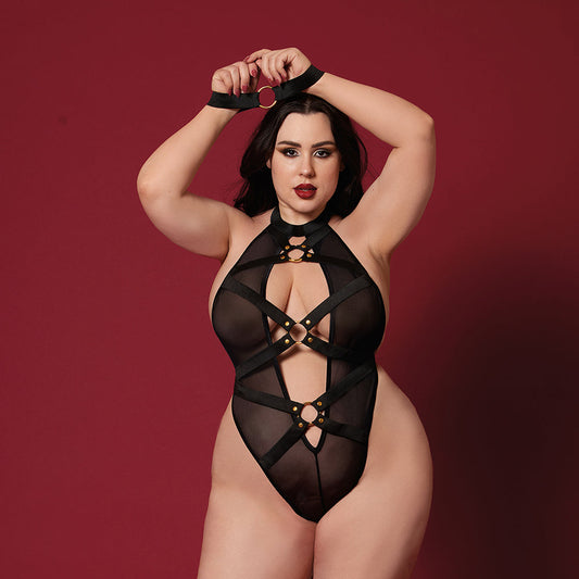 Dreamgirl Fetish Teddy with Strappy Details and Restraints Black Queen Size - Red Garter