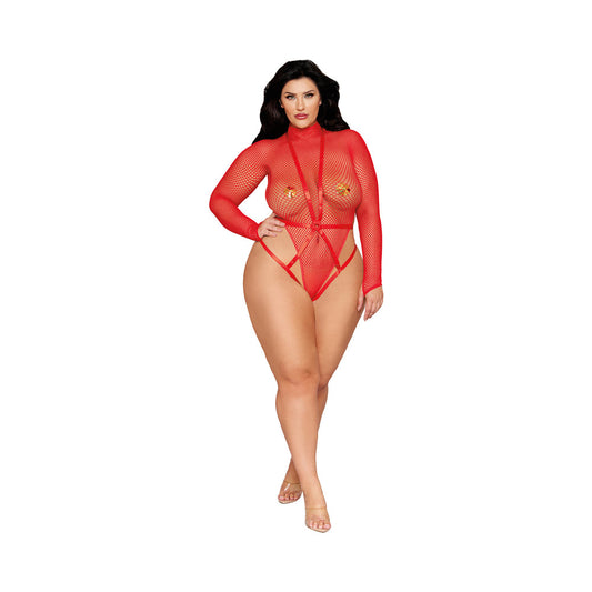 Dreamgirl Long Sleeve Fishnet Teddy and Harness Poinsettia Queen Size - Red Garter