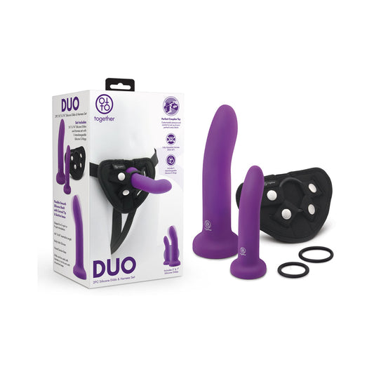 Together Duo 2-Piece 5 / 7 in. Silicone Dildo & Harness Set Purple - Red Garter