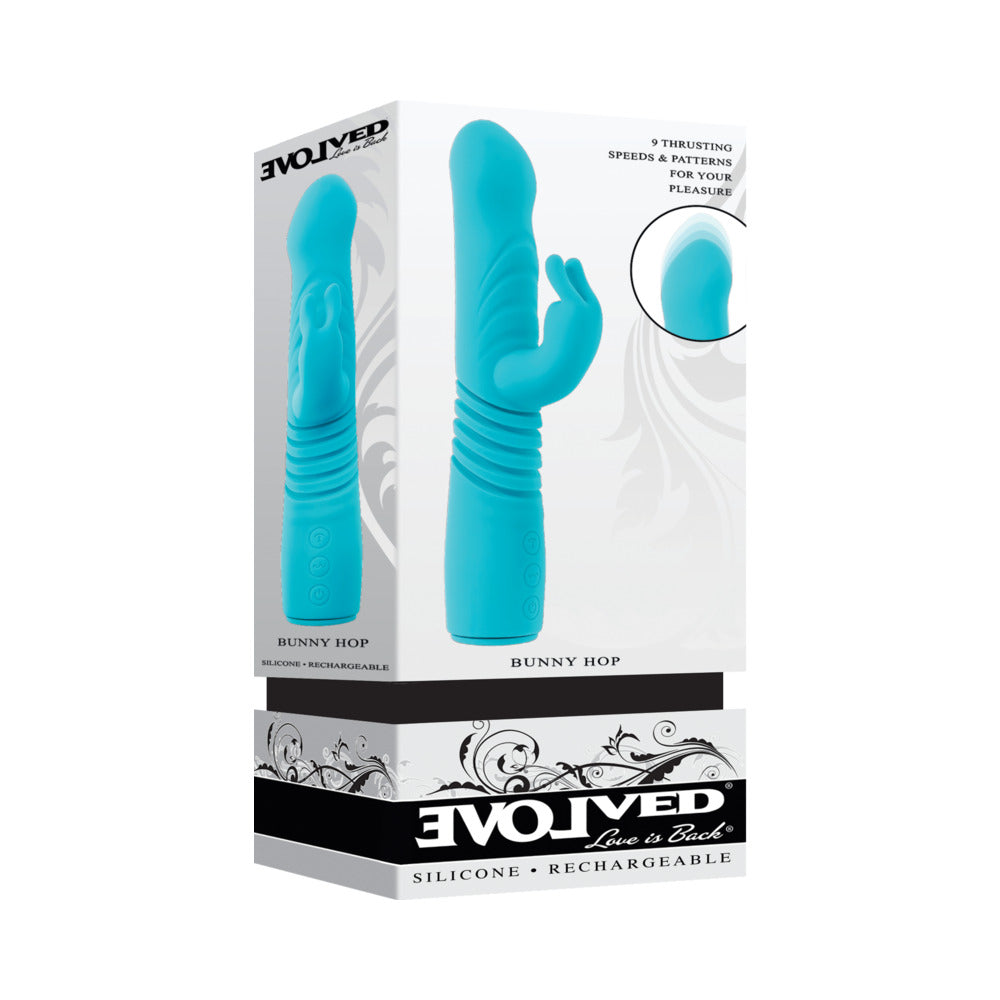 Evolved Bunny Hop Rechargeable Silicone Thrusting Rabbit Vibrator Teal - Red Garter