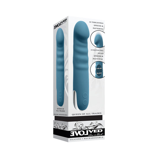 Evolved Queen Of All Trades Rechargeable Silicone Thrusting and Rotating Vibrator Teal - Red Garter