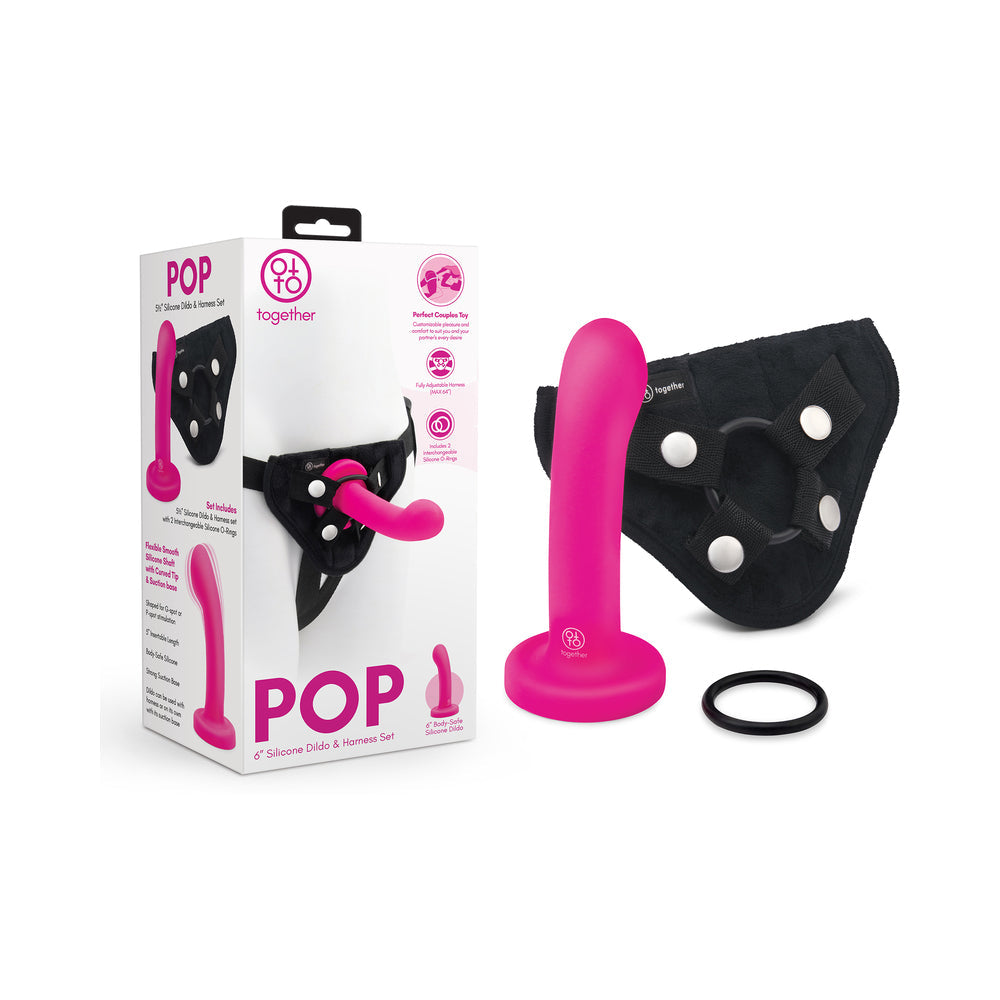 Together Pop 5 in. Silicone Dildo and Harness Set Pink - Red Garter