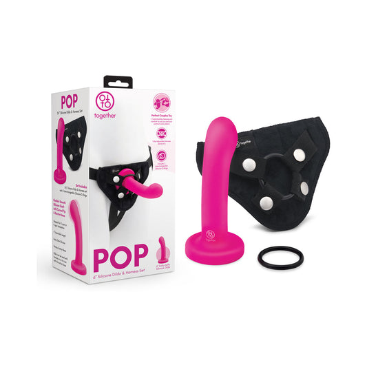 Together Pop 5 in. Silicone Dildo and Harness Set Pink - Red Garter