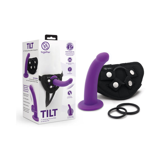 Together Tilt 6.5 in. Silicone Dildo and Harness Set Purple - Red Garter