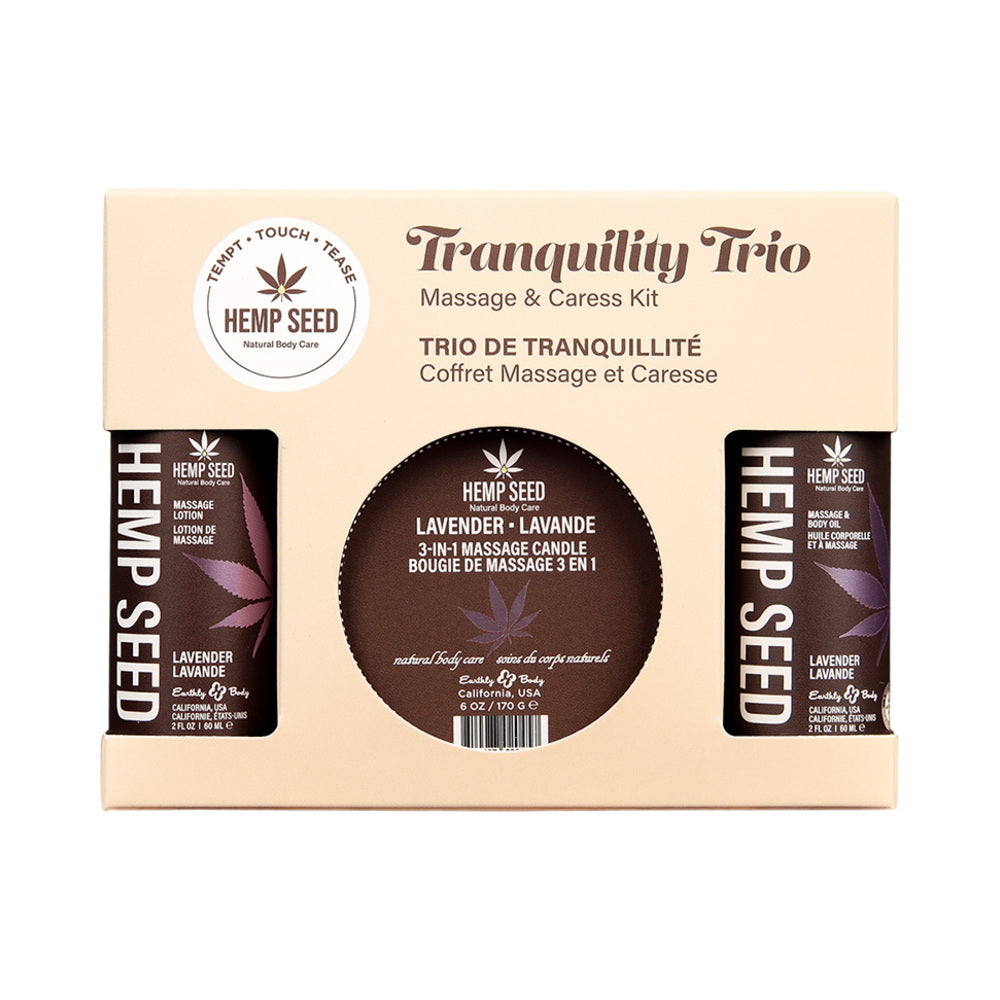 Earthly Body Hemp Seed Massage in a Box gift set for couples, featuring lavender-scented massage oils and accessories.