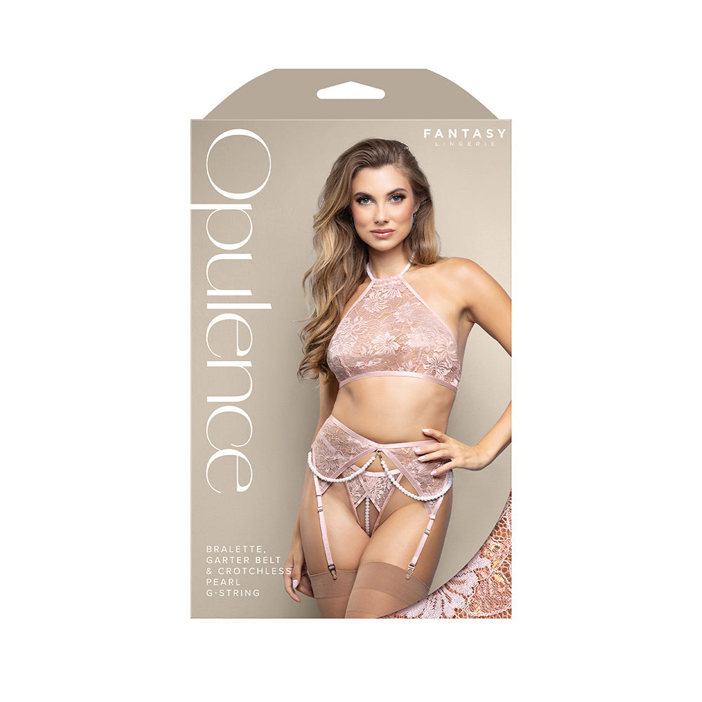 Fantasy Lingerie Opulence Pearl Halter Bralette, Garter Belt & Crotchless Pearl G-String Light Pink S/M